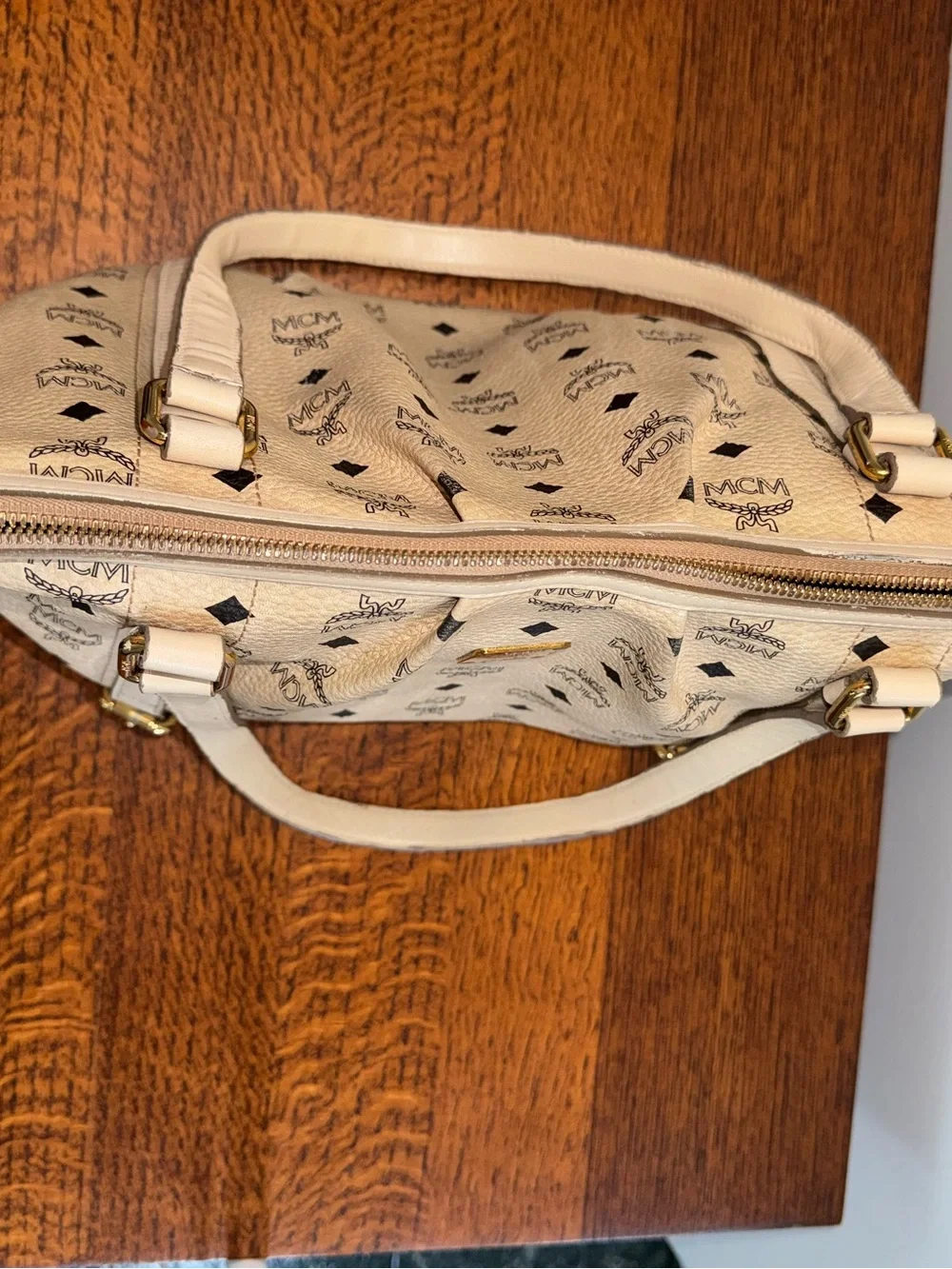 MCM Beige Visetos Monogram Pleated Coated Canvas Tote Bag with COA